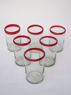 Vasos de Vidrio Soplado al Mayoreo / vasos grandes con borde rojo rubí / Éstos artesanales vasos le darán un toque clásico a su bebida favorita.